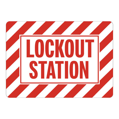 Lockout Station sign with bold red text on white background and red diagonal hazard stripe border. Industrial lockout safety station identification sign.