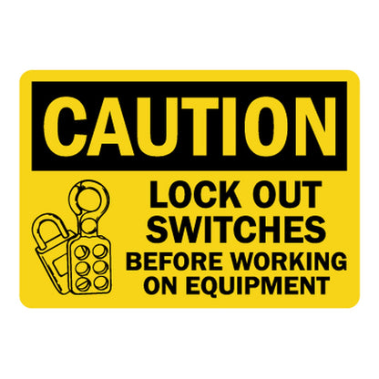 Yellow and black OSHA caution sign sticker with lockout hasp and padlock icons stating Lock Out Switches Before Working On Equipment for workplace machinery safety and lockout tagout compliance.