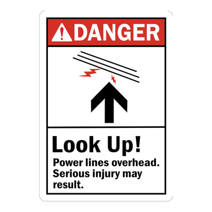 ANSI Danger: Look Up! Power Lines Overhead, Serious Injury May Result Sign Sticker with red header, power line and lightning bolt icon, upward arrow, and bold black text