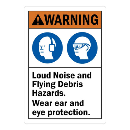ANSI Warning: Loud Noise and Flying Debris Hazard, Wear Ear and Eye Protection (With Graphic) Sign Stickers with orange header and blue ear/eye protection icons on white background.