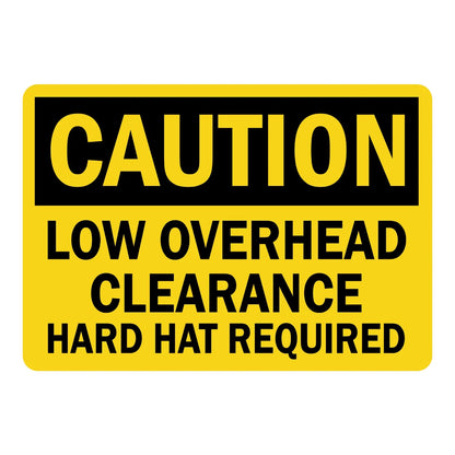 OSHA Caution: Low Overhead Clearance, Hard Hat Required Sign Sticker with bold black text on a yellow background, ideal for low-clearance construction zones