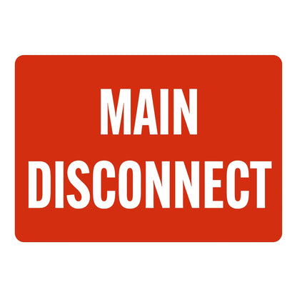Main Disconnect (White Text on Red) Sign Sticker – red sign with bold white text labeling the main disconnect