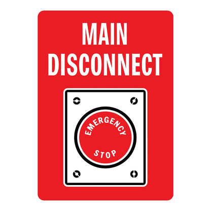 Main Disconnect (With Graphic) Sign Sticker – red sign with bold white text and an emergency stop button graphic labeling the main disconnect