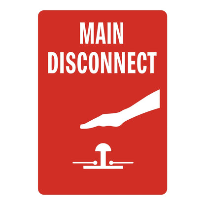 Main Disconnect with Shut-Off (With Switch Graphic) safety sign: red background, bold white MAIN DISCONNECT text, hand reaching toward electrical switch icon.