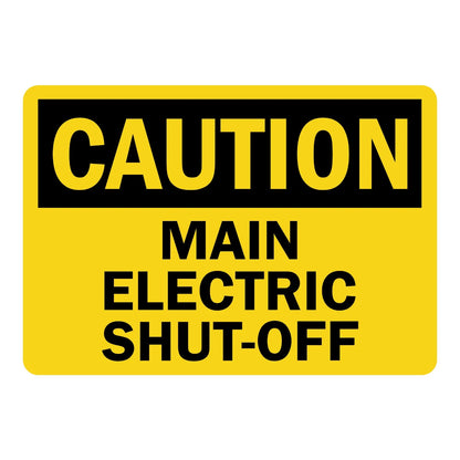 OSHA Caution: Main Electric Shut-Off Sign Sticker – yellow and black caution sign with bold text labeling the main electric shut-off