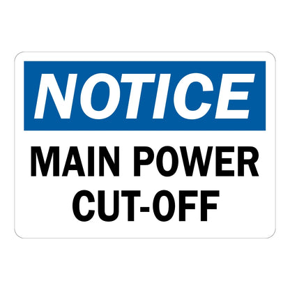 OSHA Notice: Main Power Cut-Off Sign Sticker – blue and white notice sign with bold black text labeling the main power cut-off