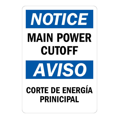 Bilingual OSHA Notice: Main Power Cutoff, Aviso Corte De Energia Prinicipal sign: white background with blue NOTICE and AVISO bars, bold black bilingual text.
