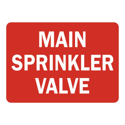 Main Sprinkler Valve Sign Stickers with bold white text on solid red background for sprinkler system valve identification.
