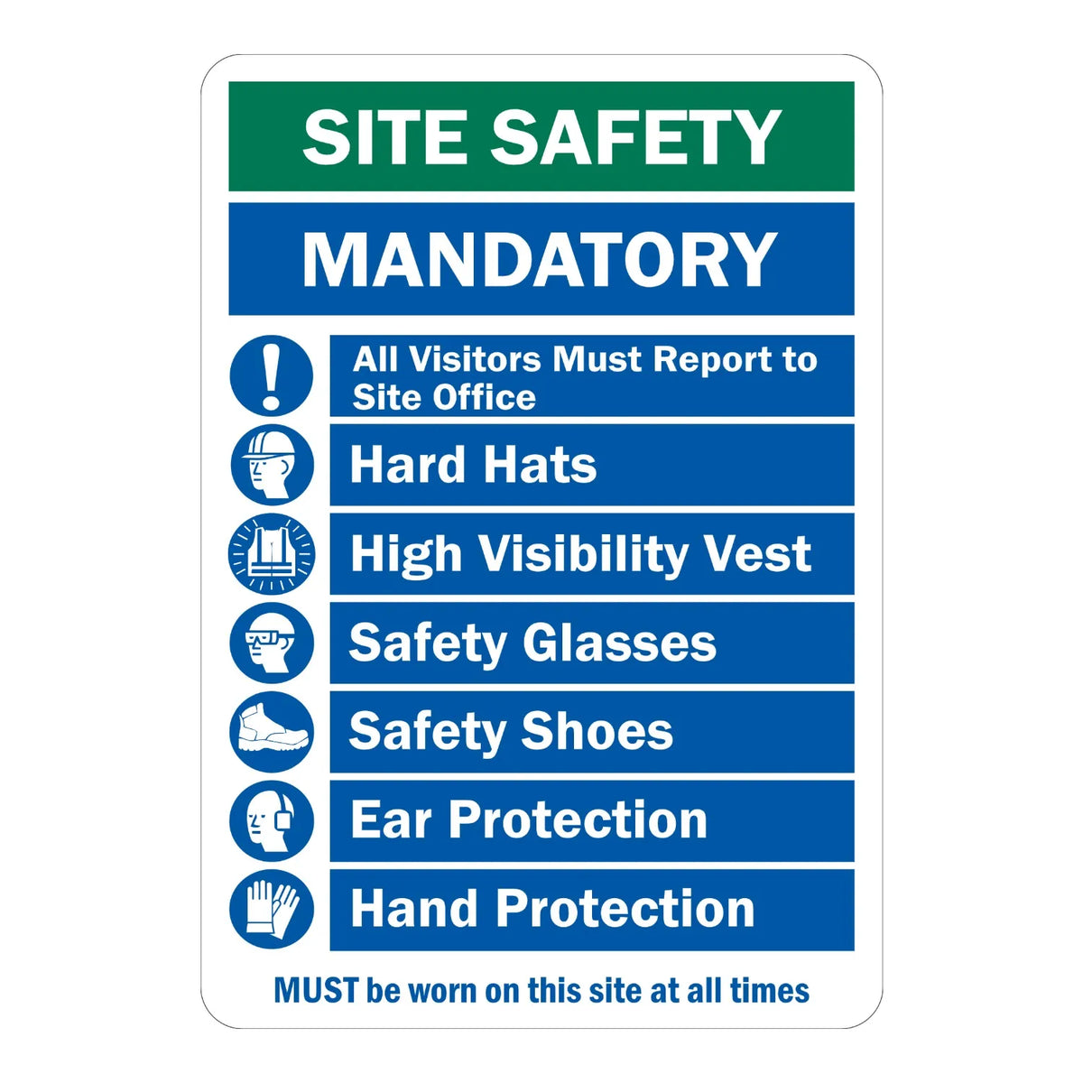 Warning: Site Safety Mandatory - Hard Hats, High Visibility Vest, Safety Glasses and Shoes, Ear and Hand Protection Must Be Worn on This Site at All Times