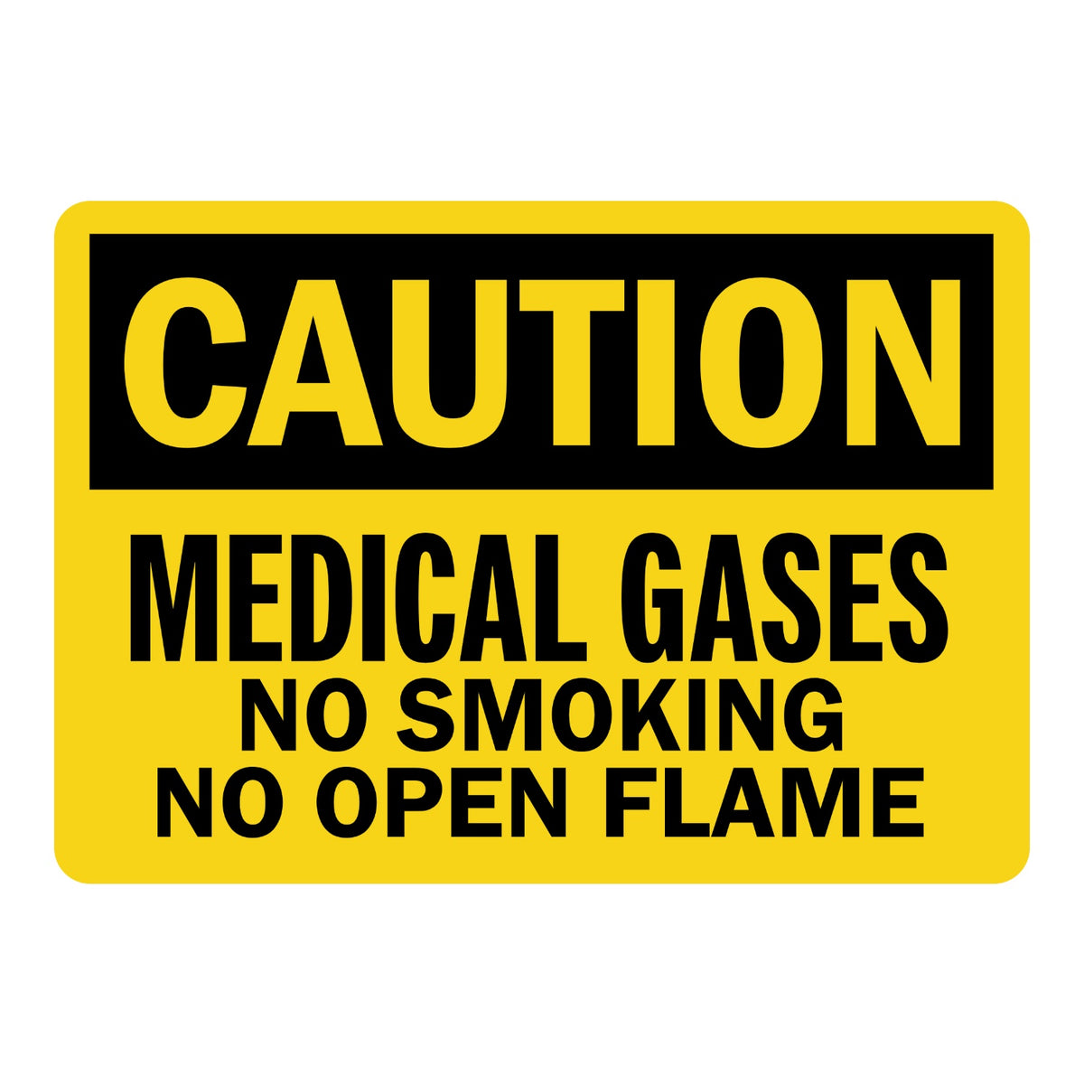OSHA Caution Medical Gases No Smoking No Open Flame sign sticker with black header on a yellow background and bold black text, a decal warning of oxygen fire risks