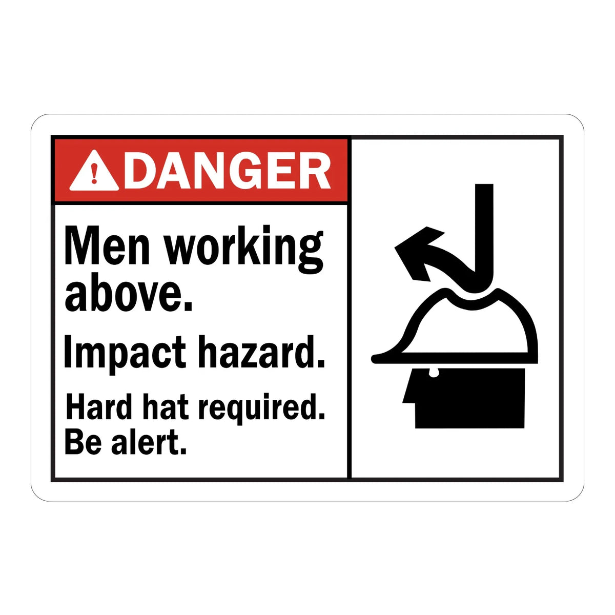 ANSI Danger: Men Working Above. Impact Hazard. Hard Hat Required, Be Alert. with Graphic Sign Sticker showing a falling-object icon on white, overhead zones
