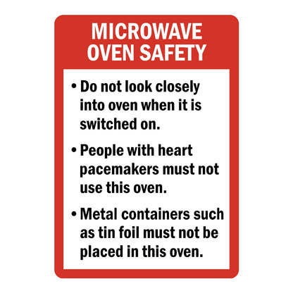 Microwave Oven Safety Guidelines Sign Stickers with a red frame, white MICROWAVE OVEN SAFETY title and three black bulleted safety rules on a white panel below
