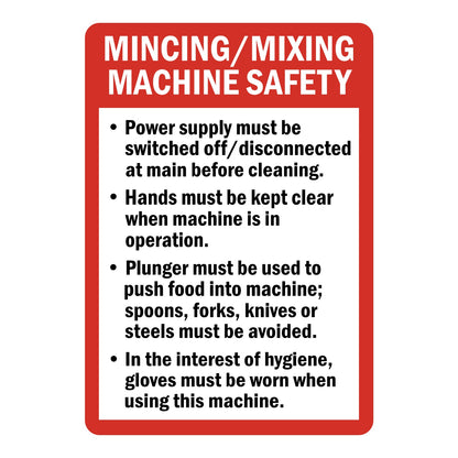 Mincing/Mixing Machine Safety Guidelines Sign Stickers with a red border, white MINCING/MIXING MACHINE SAFETY header and a black bulleted list of safety rules