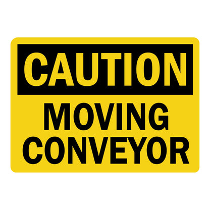 OSHA Caution: Moving Conveyor sign stickers featuring bold black CAUTION header on yellow background, warns of active moving conveyor equipment nearby