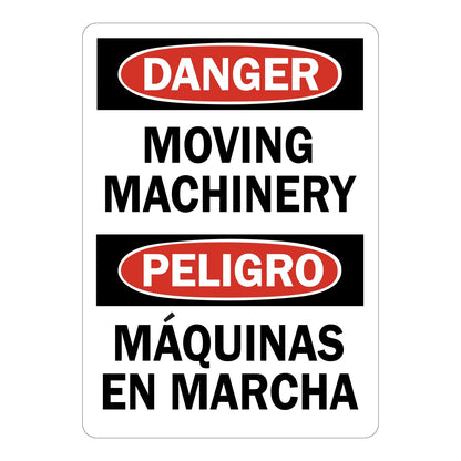 Bilingual OSHA Danger sign with red oval headers on black bands reading Moving Machinery in English and Maquinas En Marcha in Spanish on a white background for workplace safety.