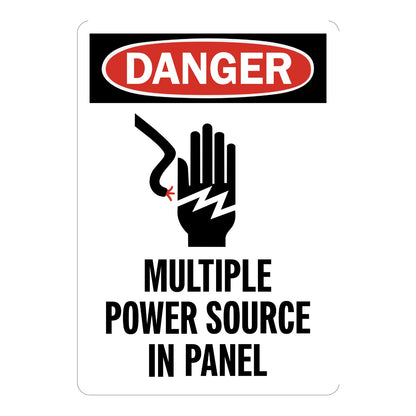 OSHA Danger: Multiple Power Source in Panel (With Graphic) sign stickers featuring bold red-black DANGER header with shock hazard hand icon clearly shown