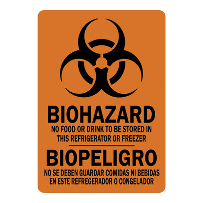 Bilingual Biohazard: No Food Or Drink To Be Stored In This Refrigerator Or Freezer (With Biohazard Symbol) Sign Sticker with orange background, biohazard trefoil icon, bold bilingual English and Spanish text, no food or drink warning