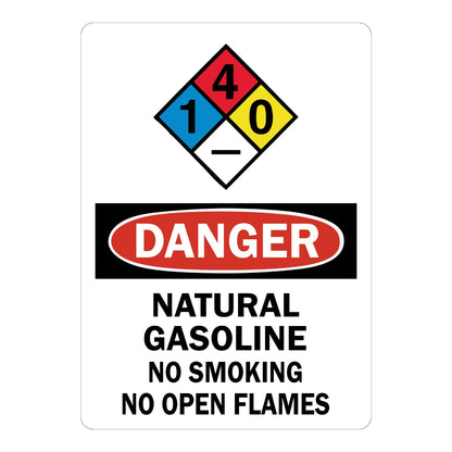 OSHA Danger Natural Gasoline Sign Sticker with NFPA hazard diamond, red and black DANGER header, and text warning no smoking no open flames 