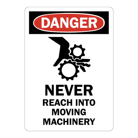 OSHA Danger: Never Reach Into Moving Machinery (with Hand Crush Hazard Symbol)