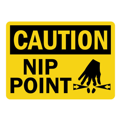 OSHA Caution: Nip Point sign stickers featuring bold black CAUTION header on yellow background with hand and pulley pinch hazard graphic icon shown