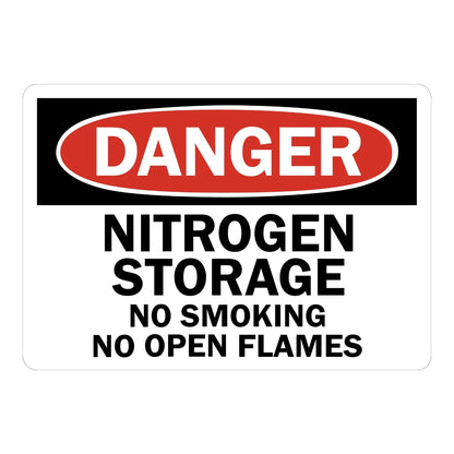 OSHA Danger: Nitrogen Storage No Smoking No Open Flames sign stickers, black header banner with red oval DANGER text, bold black warning text on white background.