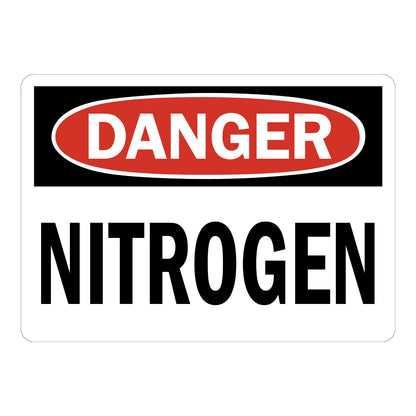 OSHA Danger Nitrogen Sign Sticker with white background, red and black DANGER header, and large bold black text warning of nitrogen gas hazard on site