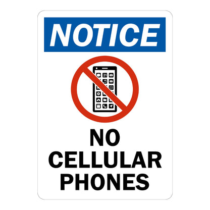 Notice No Cellular Phones sign sticker with blue header and prohibition icon over a phone, a workplace decal marking areas where cellular phone use is not allowed