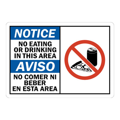 Bilingual ANSI Notice: No Eating or Drinking Area with Graphic Sign Sticker with blue NOTICE and AVISO headers, red prohibition circle over a pizza and soda can