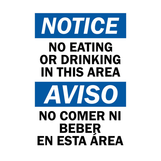 Bilingual OSHA Notice: No Eating or Drinking in This Area