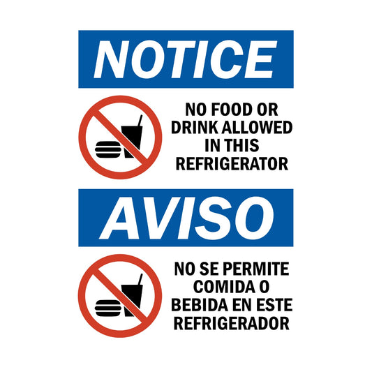 Bilingual OSHA Notice: No Food or Drink Allowed in This Refrigerator
