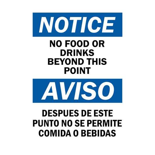 Bilingual OSHA Notice: No Food or Drinks Beyond This Point, Despues De Este Punto No Se Permite Comida O Bebidas