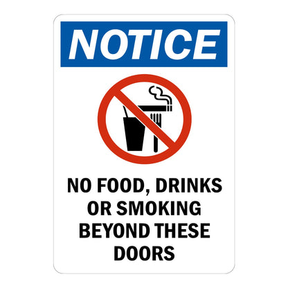 OSHA Notice: No Food, Drinks or Smoking Beyond Doors (With Graphic) Sign Sticker with blue NOTICE header, red prohibition circle over a drink, fork, and cigarette