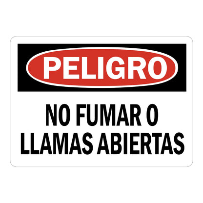 Spanish OSHA Peligro No Fumar O Llamas Abiertas sign sticker with red oval header on a black panel and bold black text, a Spanish decal warning of fire hazards