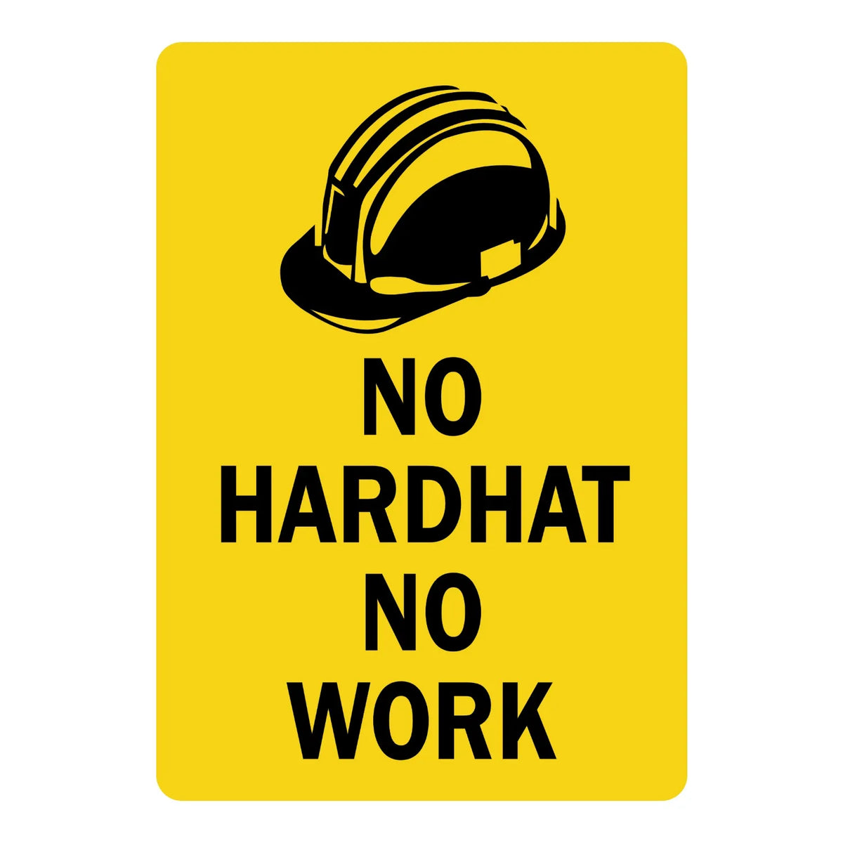 Warning: No Hardhat No Work Sign Sticker with a black hard hat icon on a yellow background, ideal for marking construction and industrial job site entrances