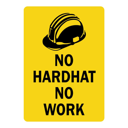 Warning: No Hardhat No Work Sign Sticker with a black hard hat icon on a yellow background, ideal for marking construction and industrial job site entrances