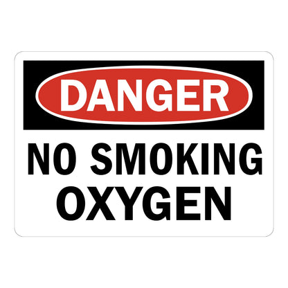 OSHA Danger No Smoking Oxygen sign sticker with red oval header on a black panel and bold black text, a decal warning of oxygen fire and explosion hazards