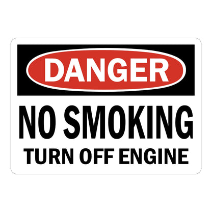 OSHA Danger No Smoking Turn Off Engine sign sticker with red oval header on a black panel and bold black text, a decal for fueling areas and vehicle fire safety