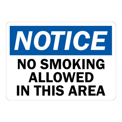 OSHA Notice No Smoking Allowed in This Area sign sticker with blue header and bold black text on a white background, a decal marking zones where smoking is banned