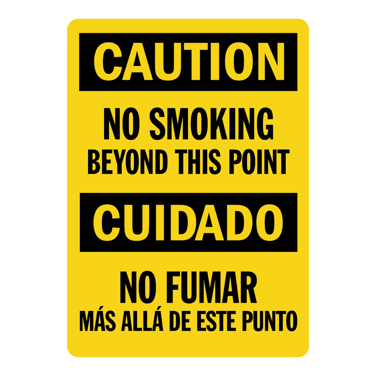 Bilingual OSHA Caution No Smoking Beyond This Point sign sticker with black Caution and Cuidado headers on yellow, an English and Spanish decal marking smoke-free zones