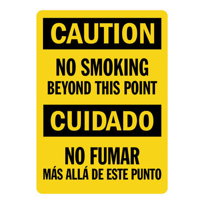 Bilingual OSHA Caution No Smoking Beyond This Point sign sticker with black Caution and Cuidado headers on yellow, an English and Spanish decal marking smoke-free zones