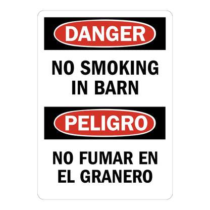 Bilingual OSHA Danger No Smoking in Barn sign sticker with red oval Danger and Peligro headers, an English and Spanish decal warning of fire hazards on farms