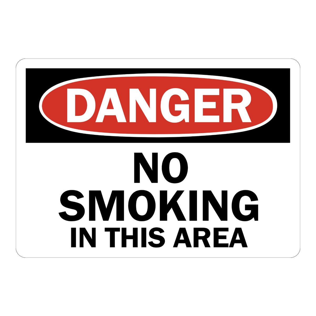 OSHA Danger No Smoking in This Area sign sticker with red oval header on a black panel and bold black text, a decal marking zones where smoking is not allowed