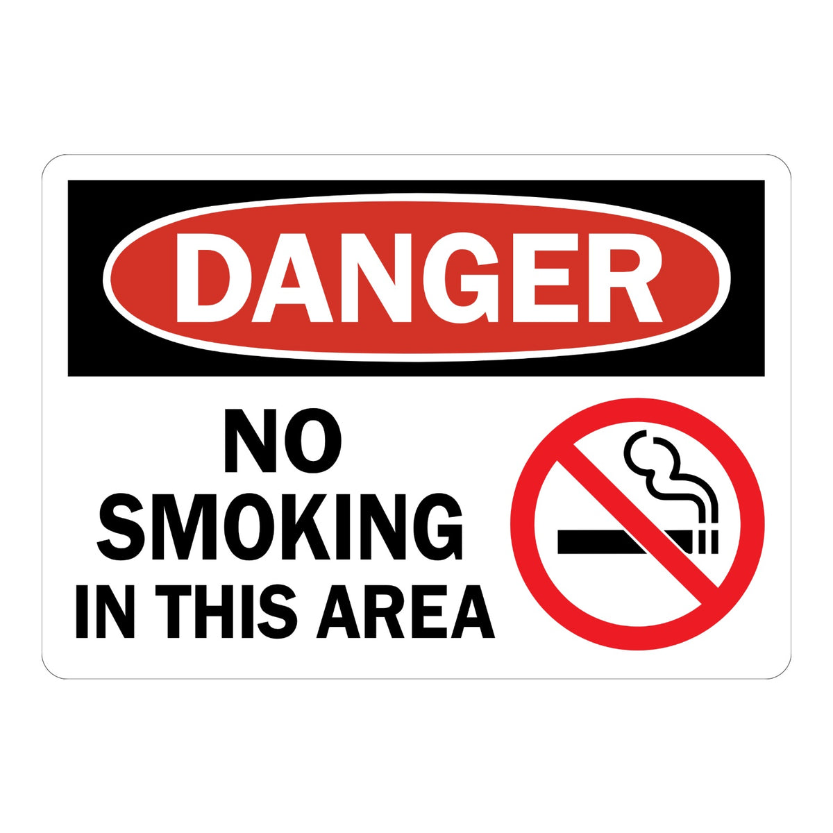 OSHA Danger No Smoking in This Area sign sticker with red oval header on a black panel and prohibition icon over a lit cigarette, a decal marking no smoking zones