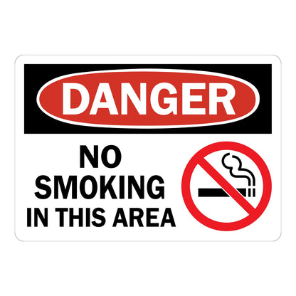 OSHA Danger No Smoking in This Area sign sticker with red oval header on a black panel and prohibition icon over a lit cigarette, a decal marking no smoking zones