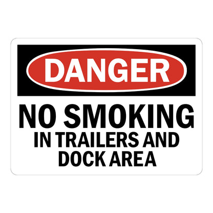 OSHA Danger No Smoking in Trailers and Dock Area sign sticker with red oval header on a black panel and bold black text, a decal for loading dock and trailer areas