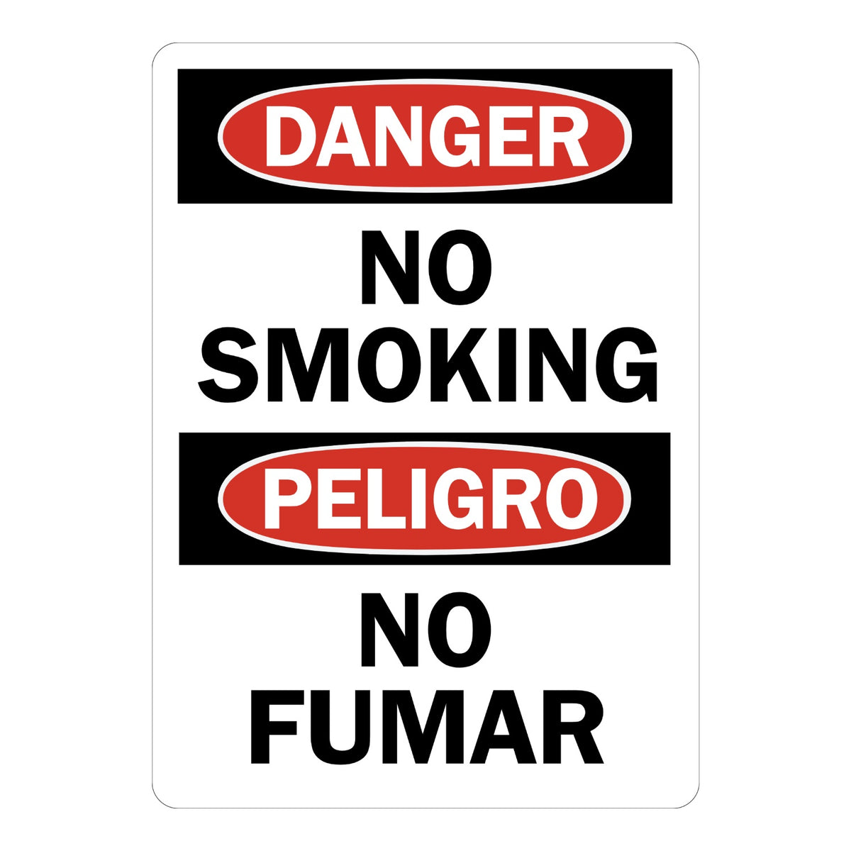 Bilingual OSHA Danger No Smoking sign sticker with red oval Danger and Peligro headers on black panels and bold black text, an English and Spanish smoking ban decal