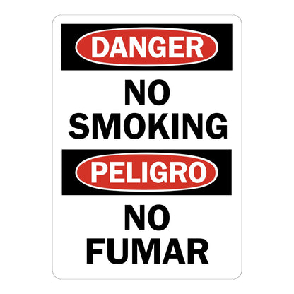Bilingual OSHA Danger No Smoking sign sticker with red oval Danger and Peligro headers on black panels and bold black text, an English and Spanish smoking ban decal