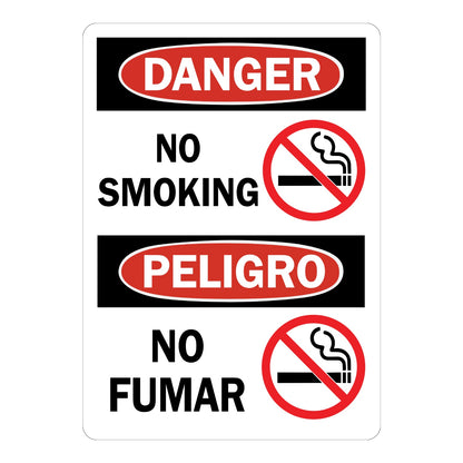 Bilingual OSHA Danger No Smoking sign sticker with red oval Danger and Peligro headers and prohibition icons over cigarettes, an English and Spanish smoking ban decal