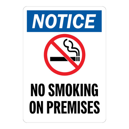 Notice No Smoking on Premises sign sticker with blue header and prohibition icon over a lit cigarette, a decal marking property where smoking is not permitted
