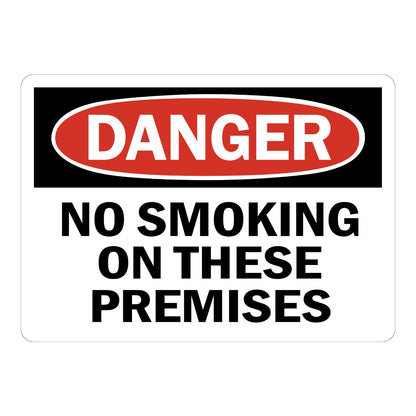 OSHA Danger No Smoking on These Premises sign sticker with red oval header on a black panel and bold black text, a decal marking property where smoking is banned
